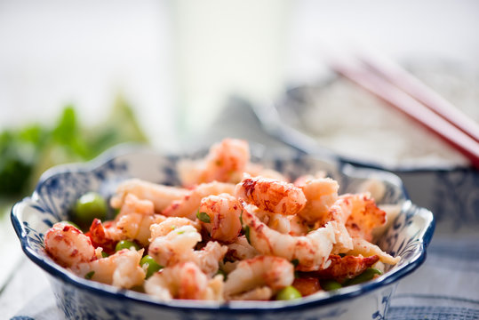 Helthy salad, asian style crayfish and edamame