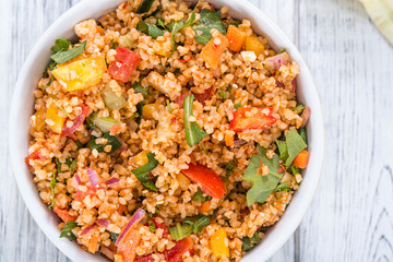 Bowl with homemade Bulgur Salad