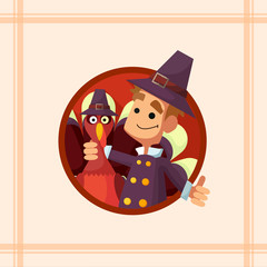 Card with cartoon pilgrim for Thanksgiving