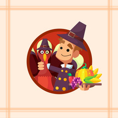 Card with cartoon pilgrim for Thanksgiving