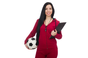 Woman with football isolated on white