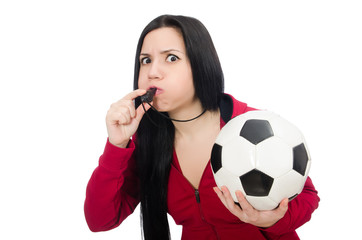 Woman with football isolated on white