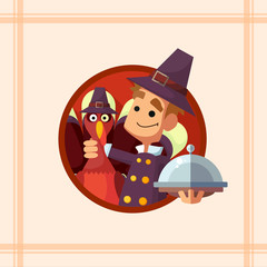 Card with cartoon pilgrim for Thanksgiving