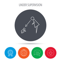 Under nanny supervision icon. Babysitting sign.
