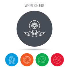 Obraz premium Car wheel icon. Fire flame symbol.