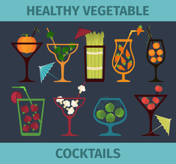 Vegetable cocktails. Health, vegetarian, diet lifestyle. Flat style vector illustration. Can be used in cooking books, restaurant menu and organic farm labels, healthy lifestyle or diet design element
