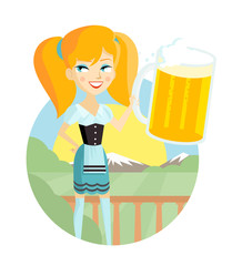 mujer en el campo con una gran jarra de cerveza artesanal