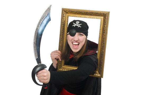 Female pirate with sword and photo frame isolated on white
