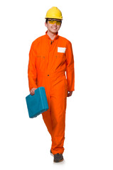 Man in orange coveralls isolated on white