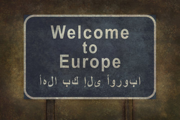 Welcome to Europe roadside sign illustration with Arabic text