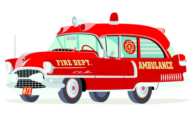Caricatura Cadillac ambulancia - bomberos 1955 vista frontal y lateral