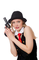 Gangster woman with handgun on white