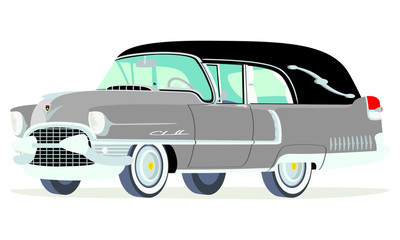 Caricatura Cadillac fúnebre 1955 gris vista frontal y lateral