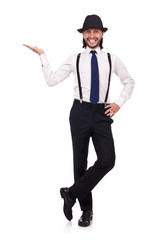 Man wearing hat and suspenders isolated on white