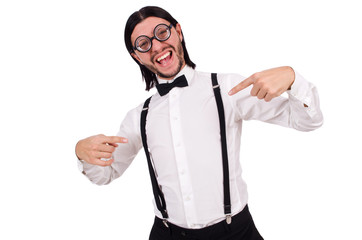 Man wearing suspenders isioated on white