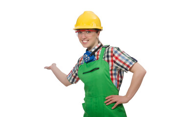 Female worker wearing coverall isolated on white