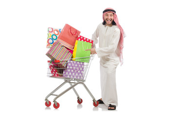 Arab man doing shopping isolated on white