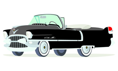 Obraz premium Caricatura Cadillac convertible abierto 1955 negro vista frontal y lateral