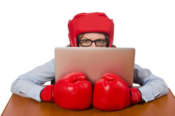 Office employee at job wearing box gloves isolated on white