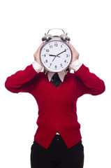 Office worker holding alarm clock isolated on white