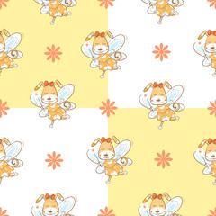 Vector seamless pattern with fairies dogs  on a checkered  background.