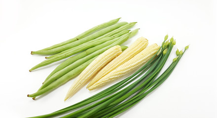 Green bean, corn and chinese chive on white background