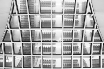 mirrors on ceiling roof - airport, black and white