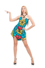 Woman in vivid strapless dress isolated on white