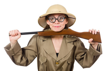 Woman wearing safari hat on white