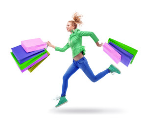  woman running with shopping bags