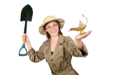 Woman wearing safari hat on white