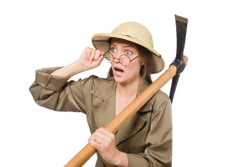 Woman wearing safari hat on white