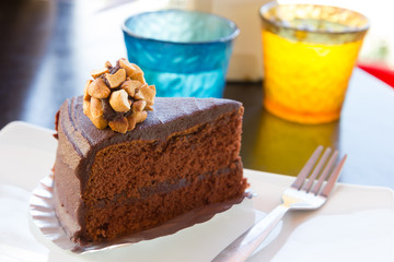 Chocolate cake on table