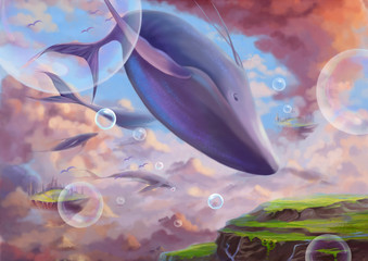 Illustration: The Flying Great While Whale. Fantastic Cartoon Style Wallpaper Background Scene Design with Story.