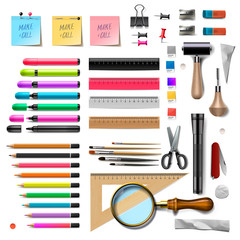 Set of office supplies on white background