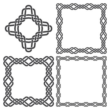 Set of magic knotting frames and celtic cross. 4 square decorative elements with stripes braiding for your design.