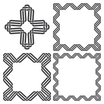 Set of magic knotting frames and celtic cross. 4 square decorative elements with stripes braiding for your design.