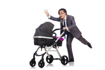 Funny dad with baby and pram on white