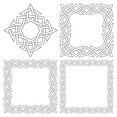Set of magic knotting frames and celtic cross. 4 square decorative elements with stripes braiding for your design.