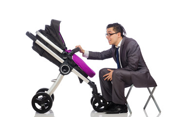Funny dad with baby and pram on white