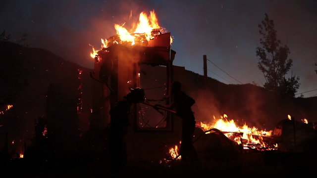 Firemen work house fire flames night P HD 9222