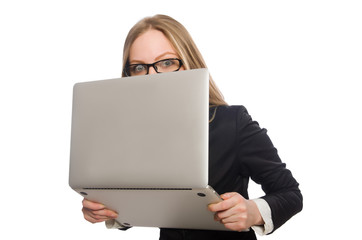 Pretty office employee with laptop isolated on white