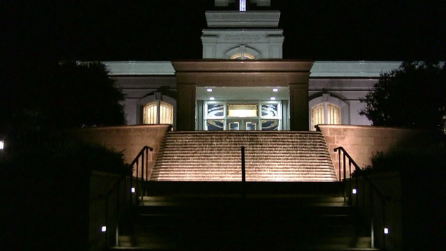 San Antonio Mormon Temple night Pan up zoom in HD