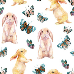 Rabbit and butterflies. Watercolor seamless pattern