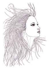 Profile of beautiful woman with waving hair.Graphic style.