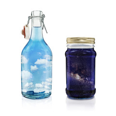 Isolated open bottle filled with daylight sky and clouds on white background, standing next to a isolated closed jar filled with night sky and the milky way stars.