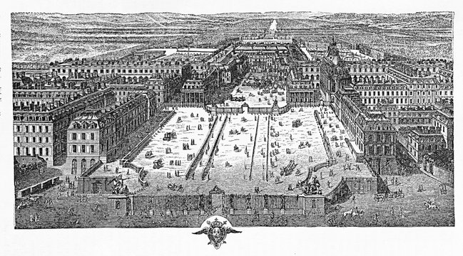 Engraving of the main court of the palace of Versailles France, a symbol of absolute monarchy, in 1715