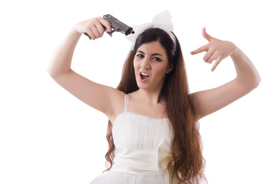 Young bride in funny concept on white