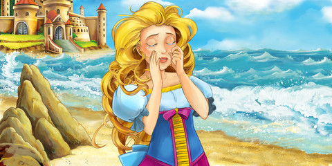 Cartoon scene of princess or queen standing on the beach - crying - illustration for children