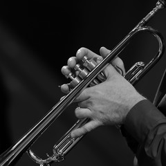 Fototapeta premium Hands of a man playing a trumpet in black and white